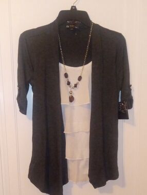 NWT women small layered top gray white short sleeve with chain accent
